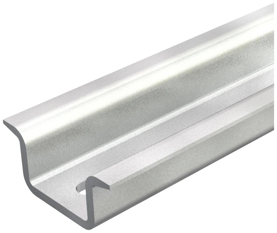 Metallschiene mit C-Profil, seitlich dargestellt, zeigt Öffnung und glatte Oberfläche.