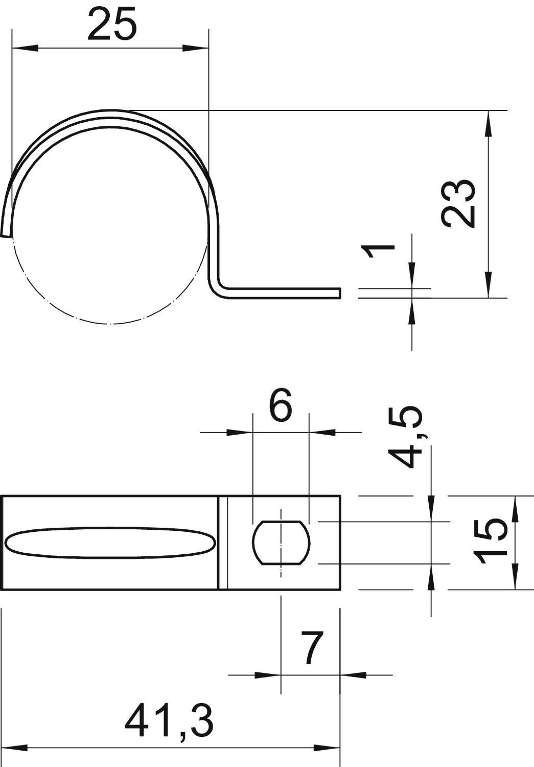 Technische Zeichnung einer Metallklammer: Maße inklusive Länge 41,3 mm, Breite 25 mm, Höhe 23 mm, und Lochdurchmesser.