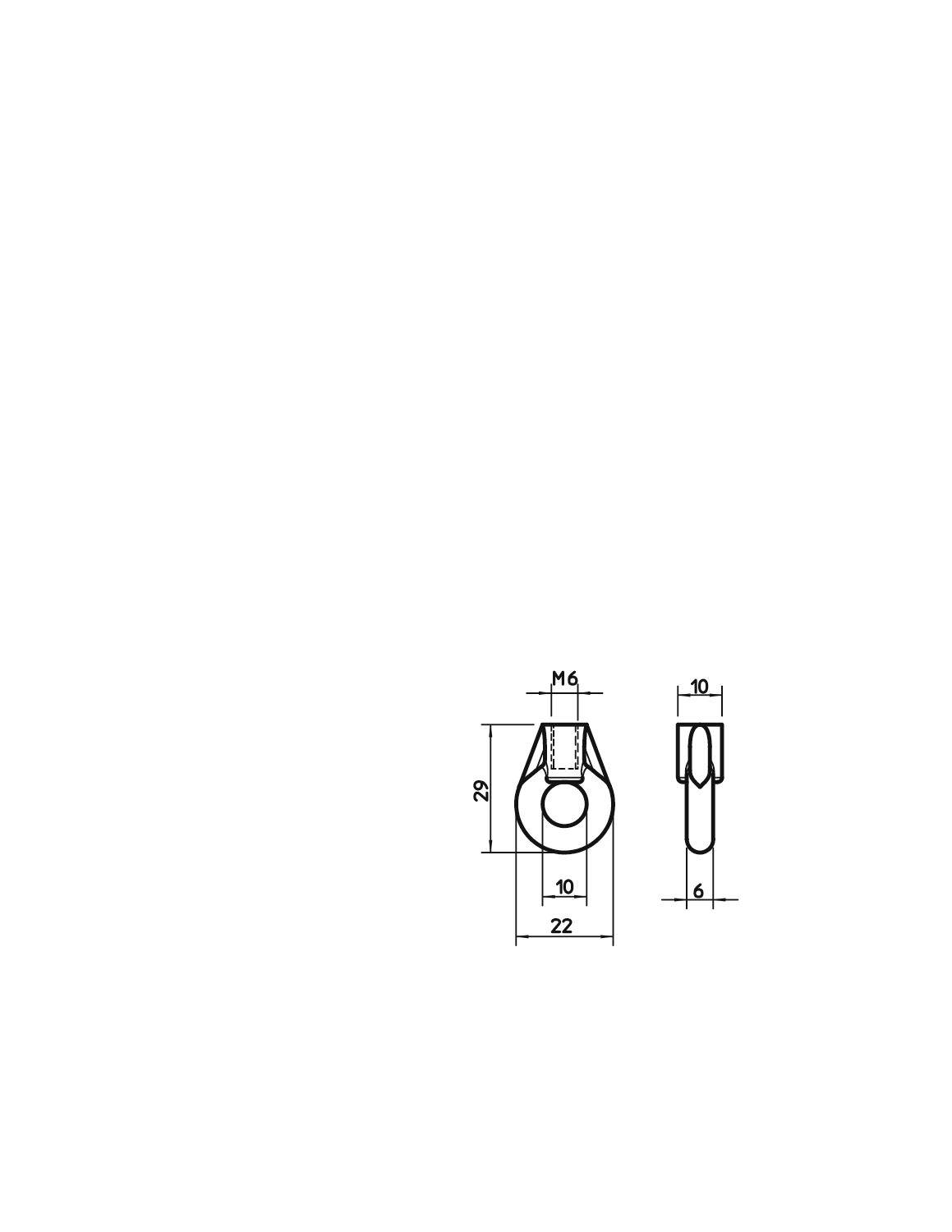 Technische Zeichnung eines Metallteils mit Gewinde M6, Draufsicht und Seitenansicht. Maße: Höhe 20 mm, Breite 22 mm, Länge 10 mm.