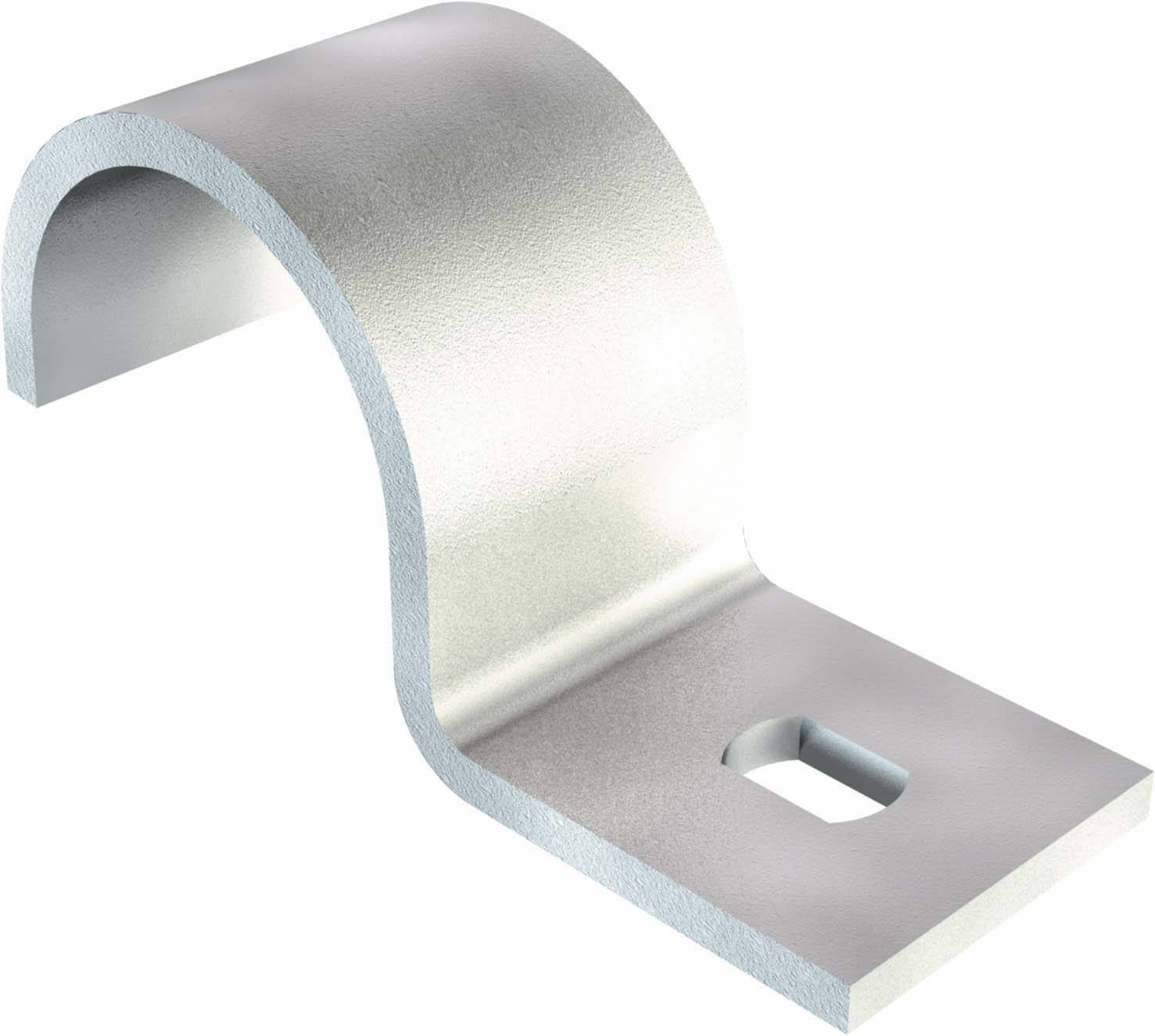 Ein silberner, gebogener Metallhaken mit rechteckiger Basis und ovalem Loch, geeignet zur Befestigung von Materialien.