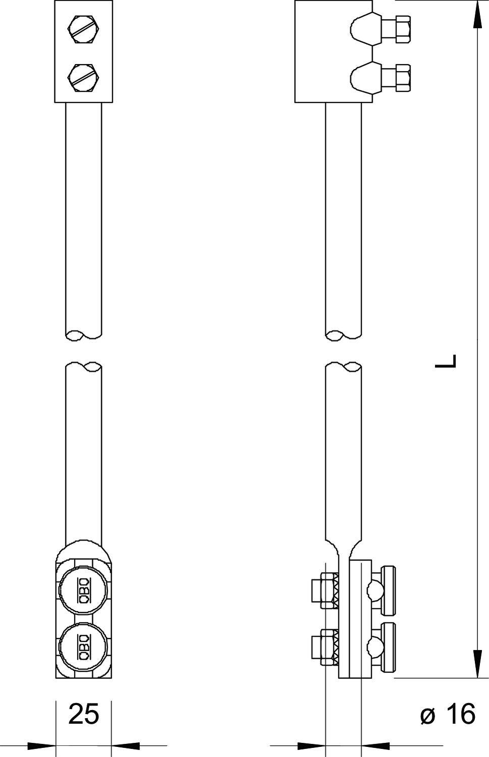 Technische Zeichnung eines Bauteils mit Maßen. Obere Ansicht zeigt Schraubverbindungen. Untere Ansichten zeigen Bauteilbreite 25 mm und Durchmesser 16 mm.