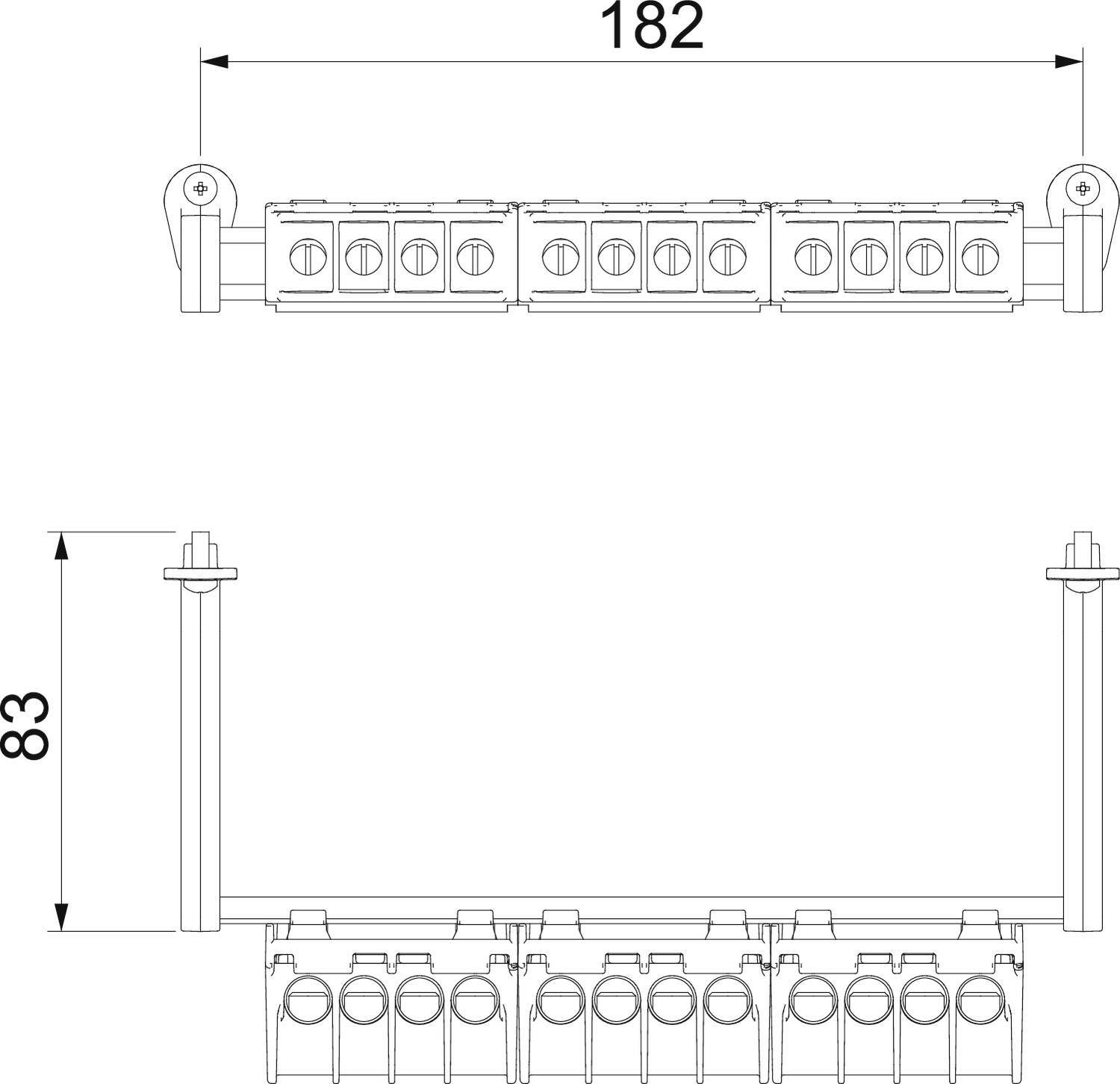 Technische Zeichnung eines elektrischen Steckverbinders mit einer Breite von 182 mm und einer Höhe von 83 mm. Ansicht von vorne und von der Seite.