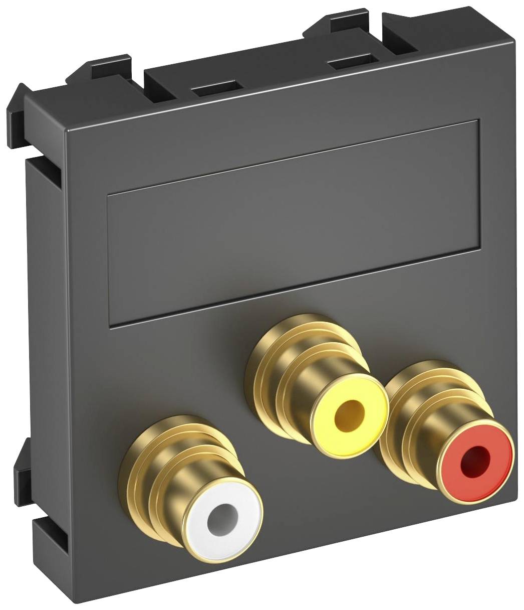 Schwarzer Adapter mit drei runden Buchsen in Gelb, Weiß und Rot, die für Audio- und Videoverbindungen genutzt werden können.