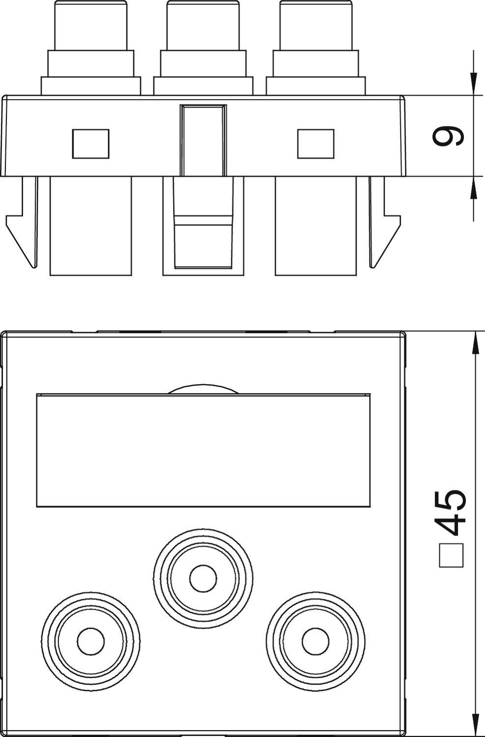 Technische Zeichnung eines elektronischen Bauteils mit Abmessungen von 9 mm Höhe und 45 mm Breite, drei Anschlussklemmen.