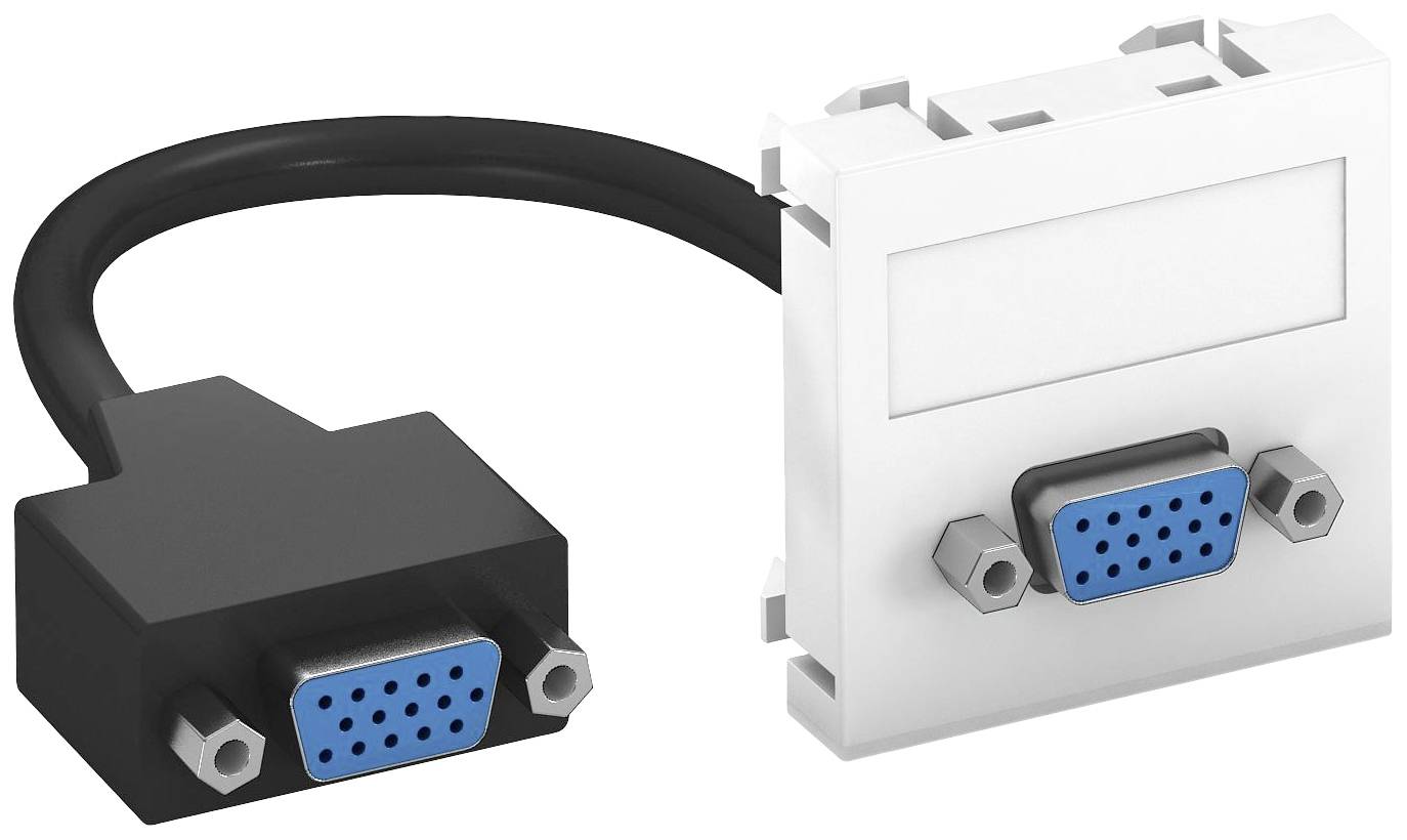 Ein schwarzes VGA-Kabel mit blauen Anschlüssen, verbunden mit einer weißen Wandplatte. geeignet für Videoverbindungen.