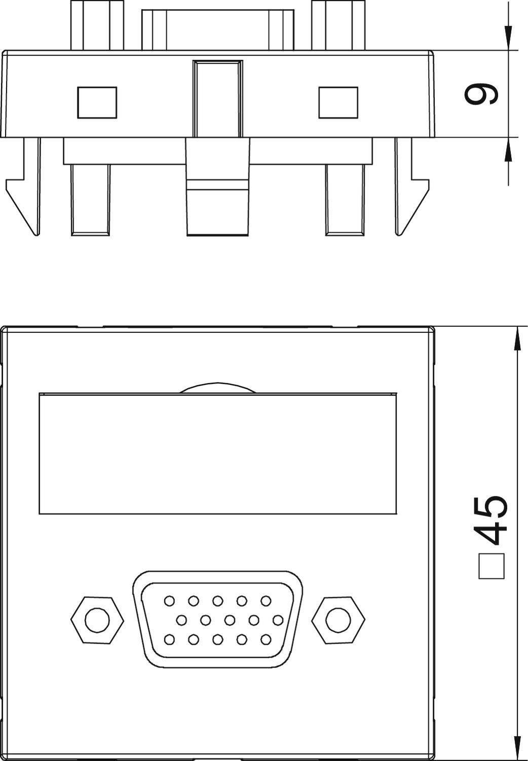 Technische Zeichnung eines rechteckigen Bauteils mit Steckverbindern und Maßen 9 mm Höhe und 45 mm Breite. Oben und Vorderansicht gezeigt.
