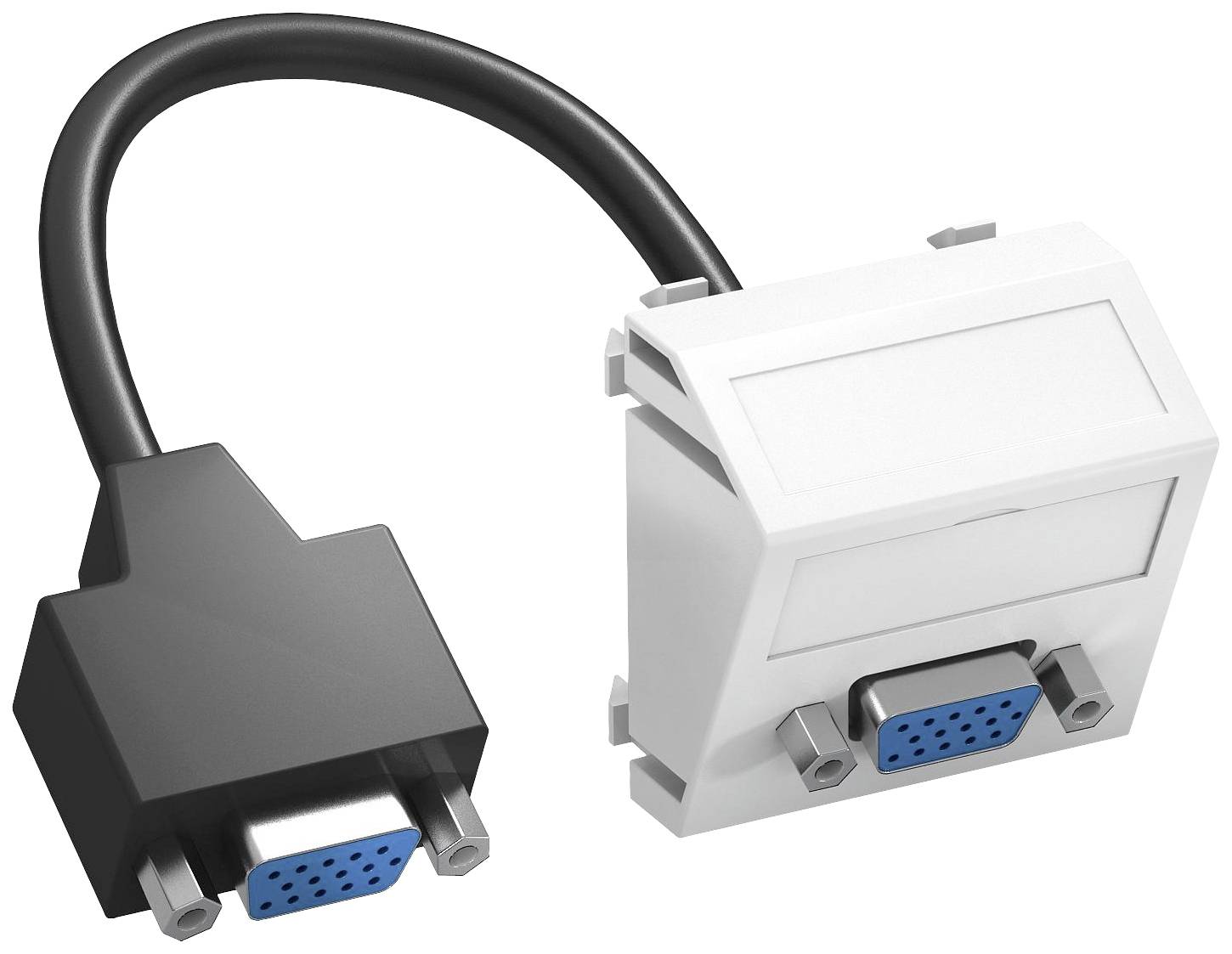 Ein schwarzer VGA-Adapter mit Kabel ist mit einem weißen VGA-Anschluss verbunden.