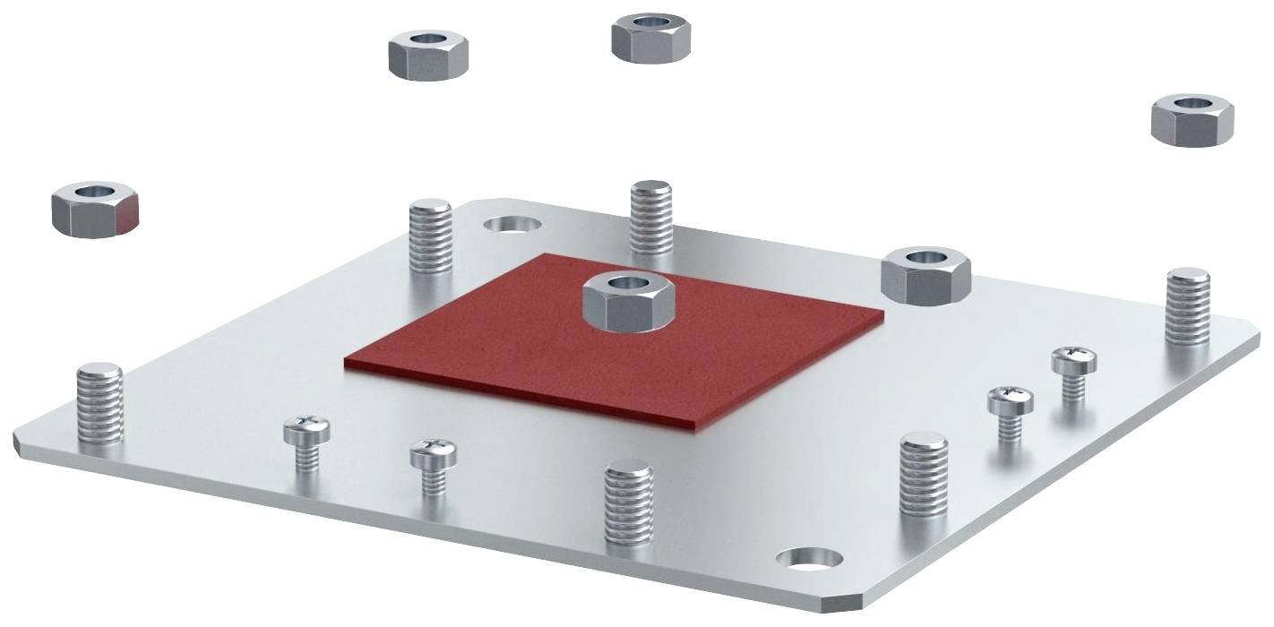 Metallplatte mit Gewindebolzen und Muttern; rote quadratische Fläche in der Mitte; Schrauben sind teilweise montiert.