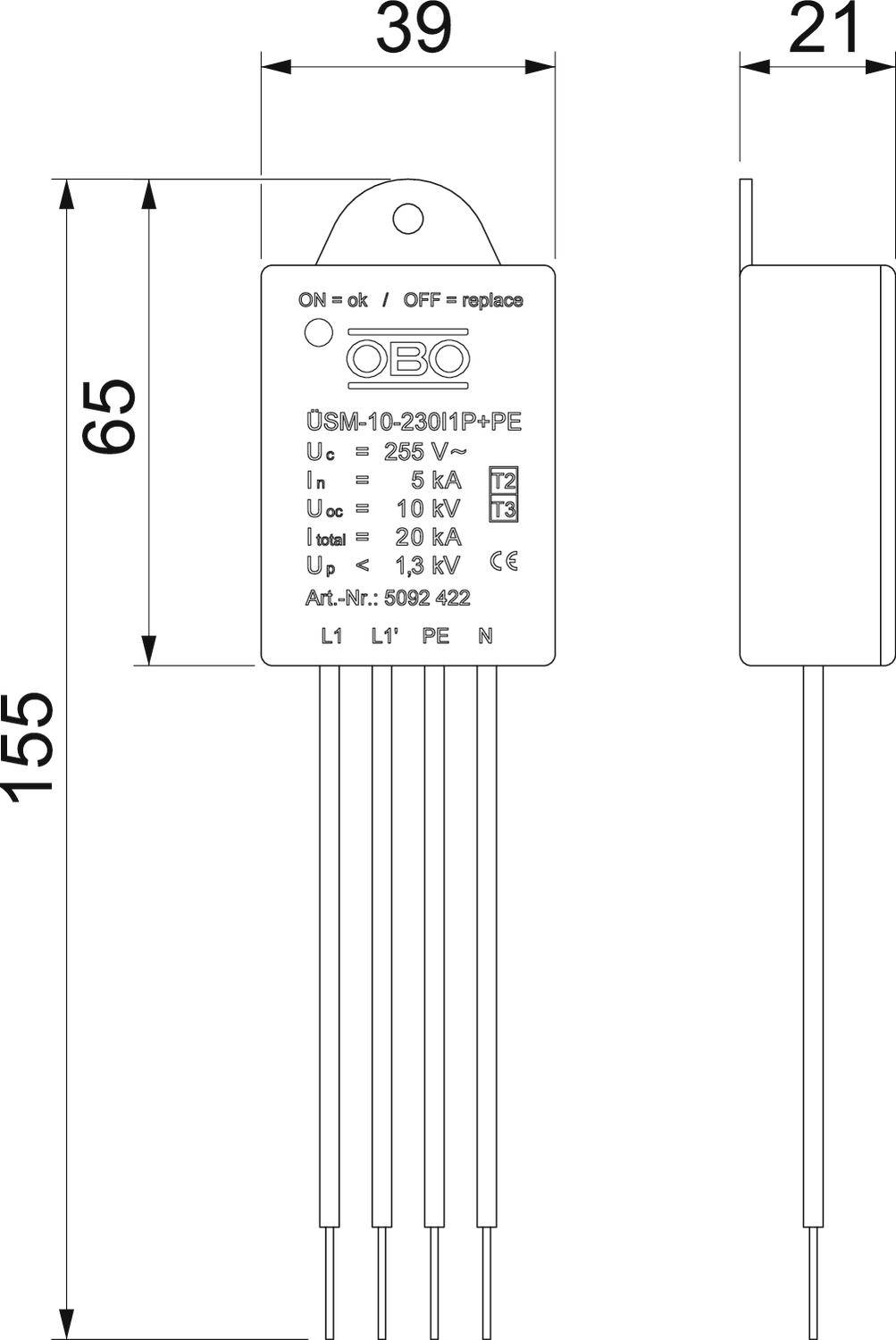 OBO Bettermann 5092422 ÜSM-10-230I1P+PE Überspannungsschutz-Modul 5 kA 1St.