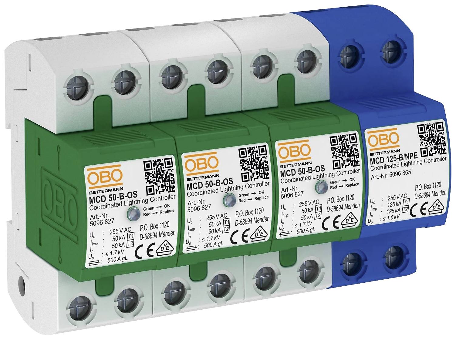 Ein koordiniertes Blitzschutzgerät von OBO Bettermann mit mehreren Modulen in Weiß, Grün und Blau zur Installation in elektrischen Systemen.
