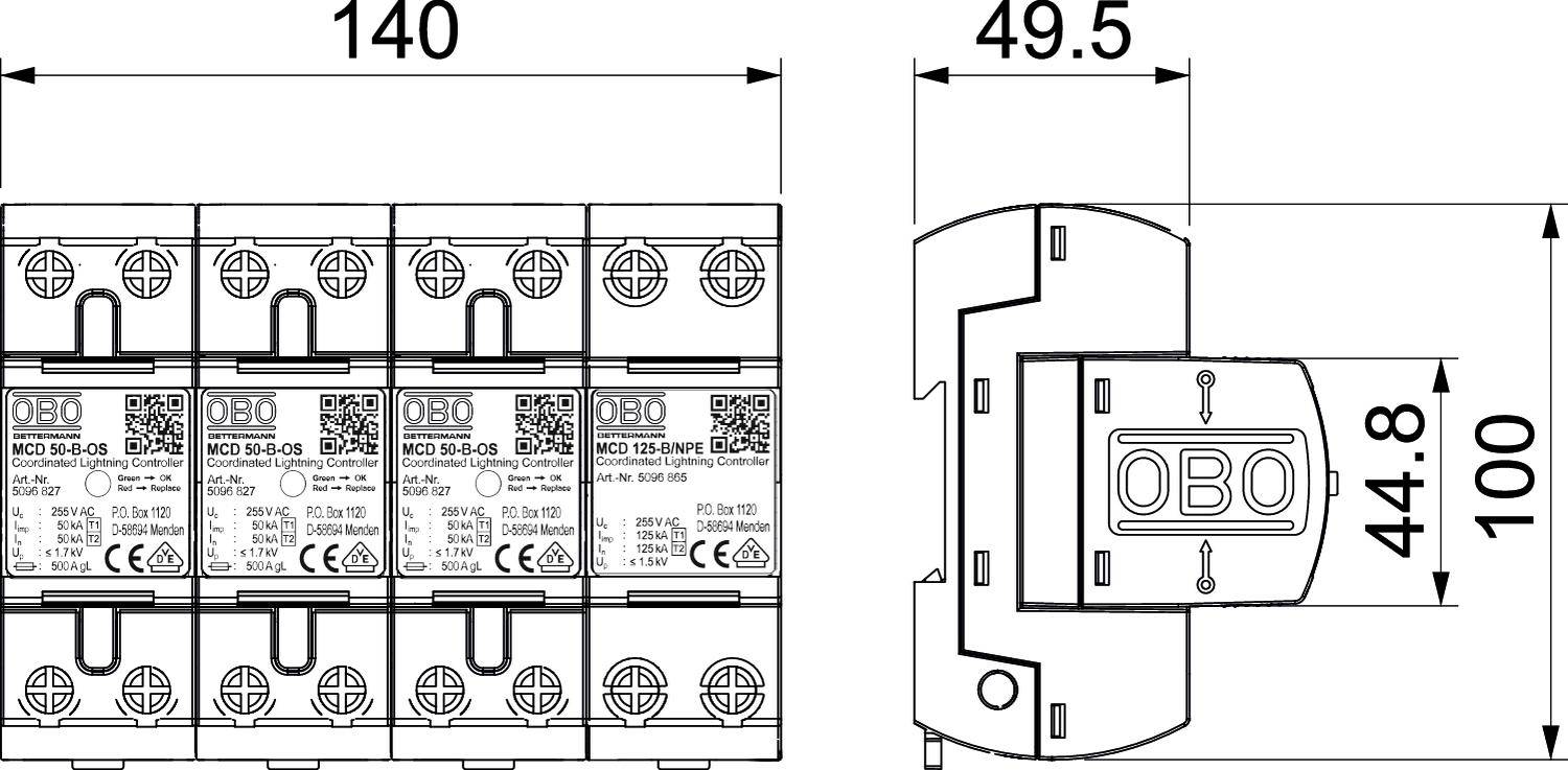 Technische Zeichnung eines modularen Geräts mit Abmessungen: Breite 140 mm, Tiefe 49,5 mm, Höhe 100 mm. Zeigt Anschlüsse und Markierungen.