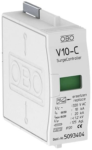 Ein V10-C Überspannungsschutzgerät von OBO mit technischen Daten: 320V AC, 10kA, IP20. Enthält ein grünes Anzeigeelement.