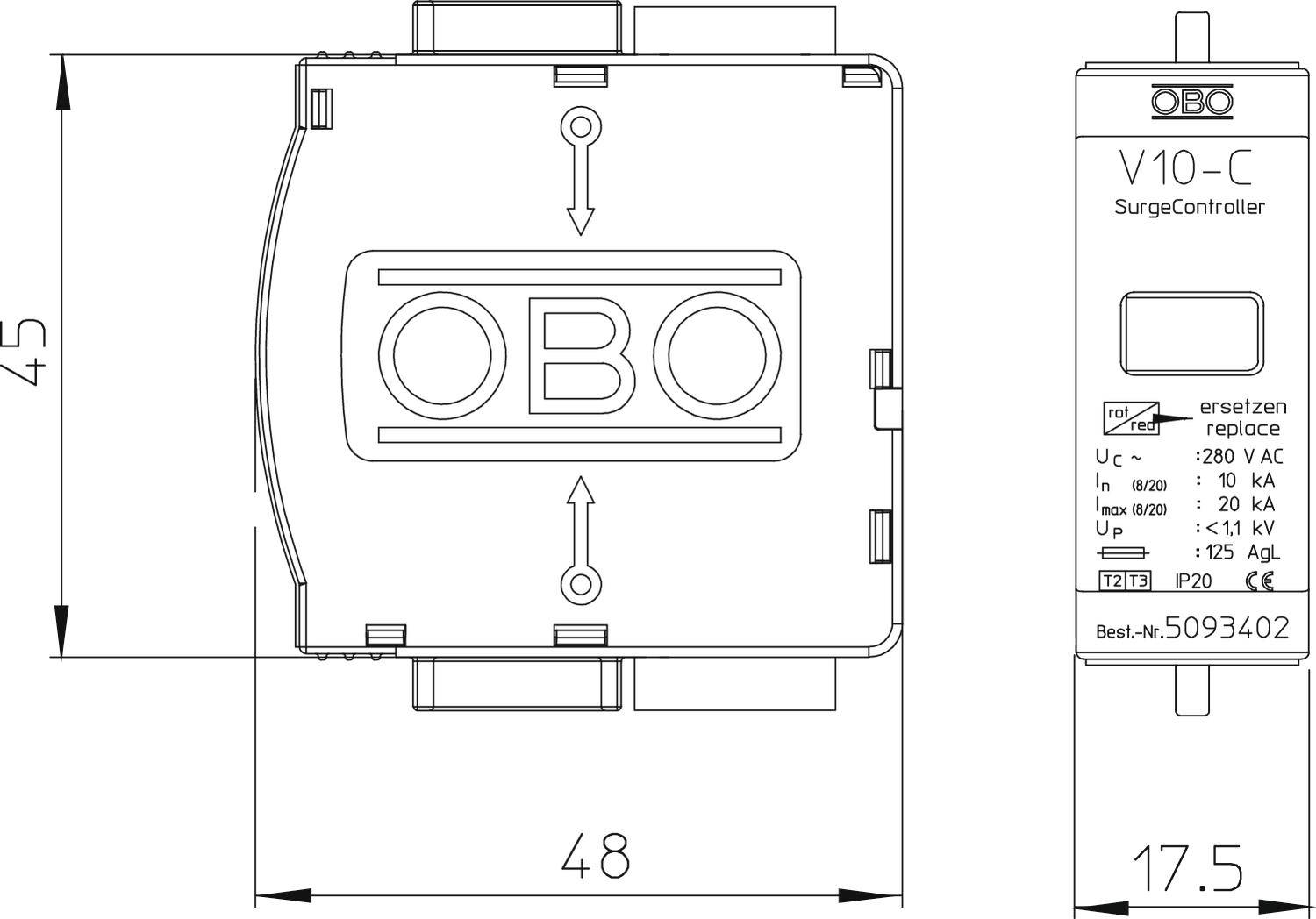Technische Zeichnung eines Überspannungsschutzgeräts, Modell V10-C. Abmessungen: 45 x 48 x 17,5 mm. Schutz: IP20.
