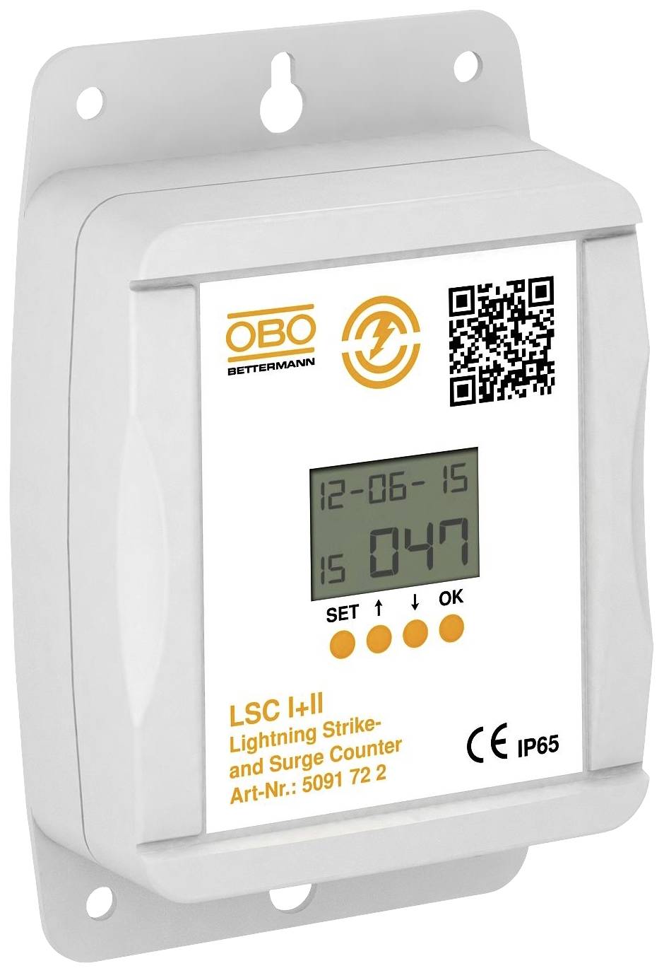 Ein Blitzstromzähler mit digitalem Display zeigt 47. Text: 'Lightning Strike and Surge Counter', OBO-Logo, QR-Code.