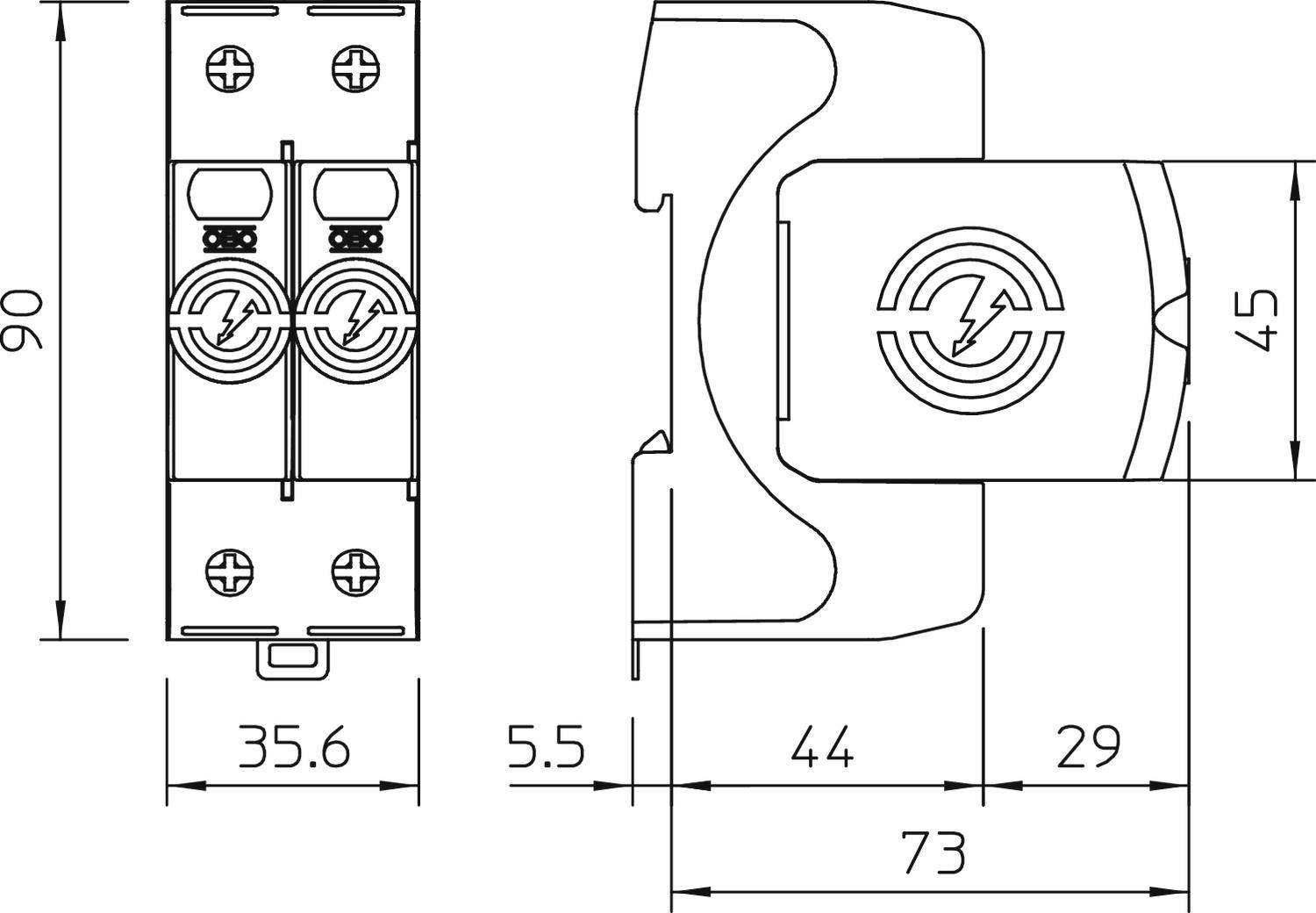 Technische Zeichnung eines elektrotechnischen Bauteils mit Maßen: Höhe 90 mm, Breite 45 mm, verschiedene Detailmaße.