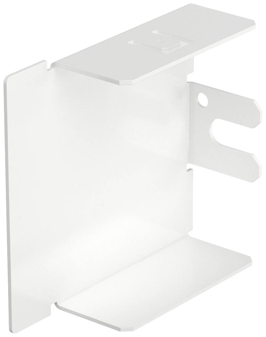 Weißer, L-förmiger Metallhaken mit Befestigungslöchern und abgewinkeltem Halter.