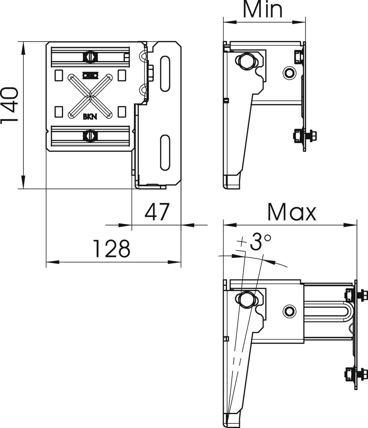 Technische Zeichnung eines klappbaren Halters mit Maßen: Breite 128 mm, Höhe 140 mm. Einstellbarer Winkel von 0 bis 3 Grad.
