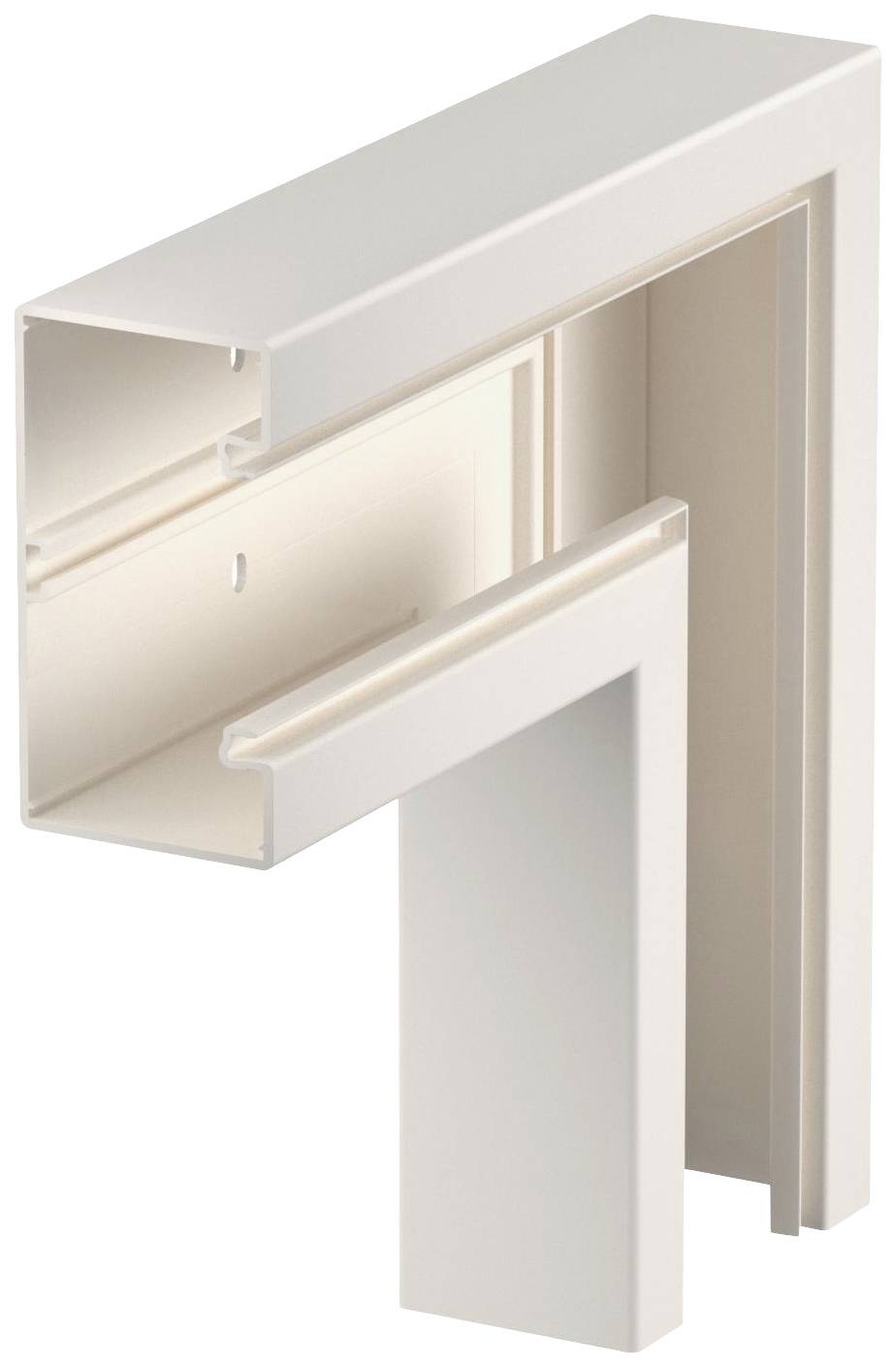 Ein weißer, L-förmiger Profilrahmen aus Kunststoff, möglicherweise Teil eines Fenster- oder Türrahmensystems.