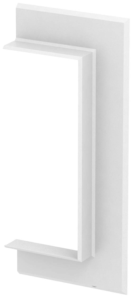 Ein minimalistischer, weißer Metallgriff mit rechteckigem Design, vertikal montiert auf einer Oberfläche.