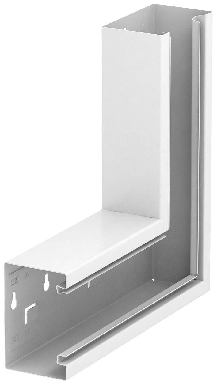 Ein weißes Metallstück mit L-förmigem Profil, verwendet für Konstruktionszwecke, zeigt Kanten und Halterungen für Wandmontage.