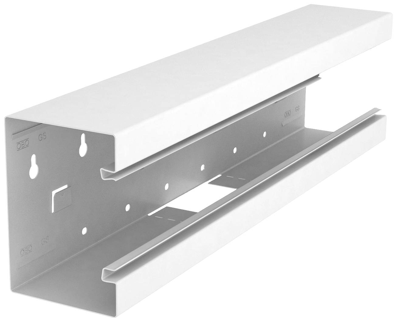 Ein rechteckiges, weiß lackiertes Metallprofil, offen auf einer Seite, möglicherweise als Halterung oder Träger verwendet.