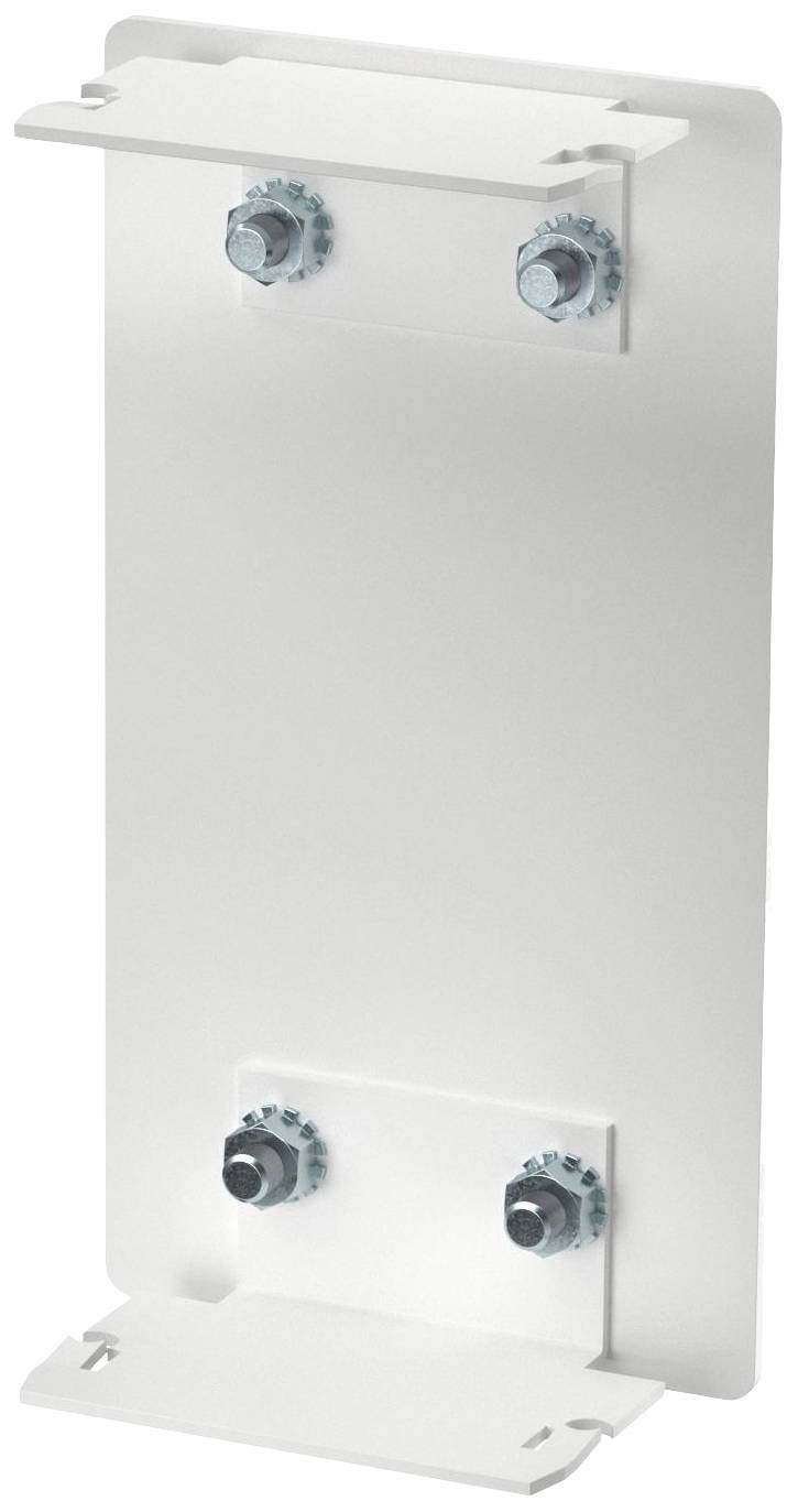 Weiße Metallhalterung mit zwei Schrauben oben und unten, zur Befestigung an der Wand oder für technische Anwendungen.