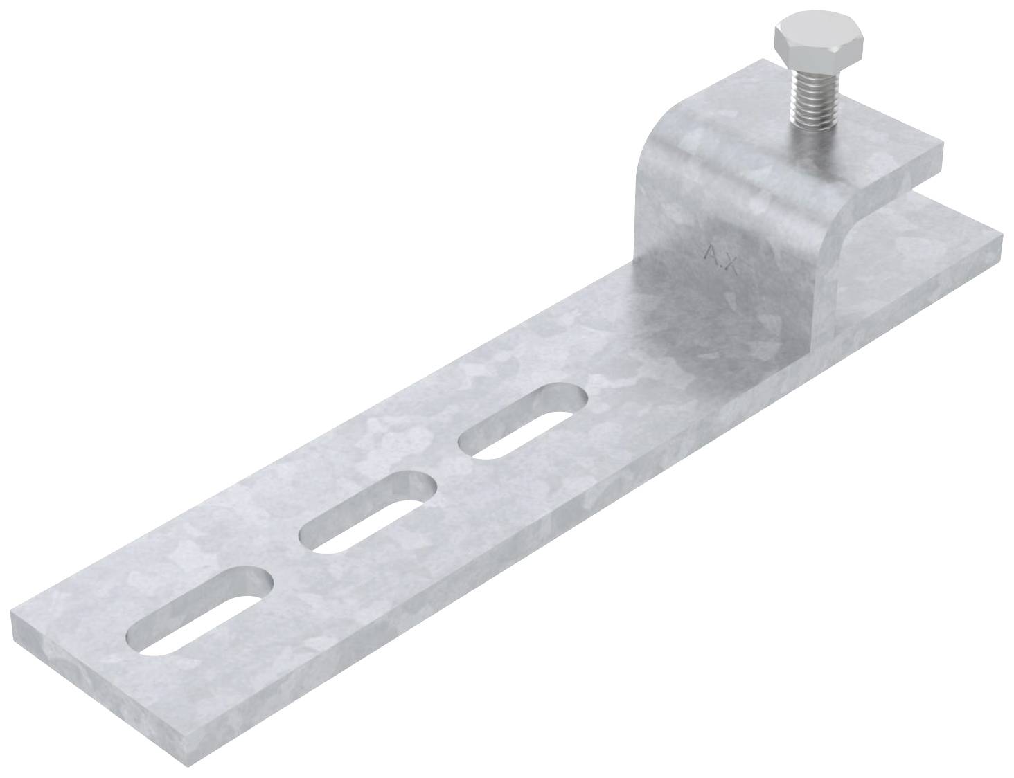 Metallwinkel mit drei Langlöchern und einer aufgeschraubten Mutter oben.