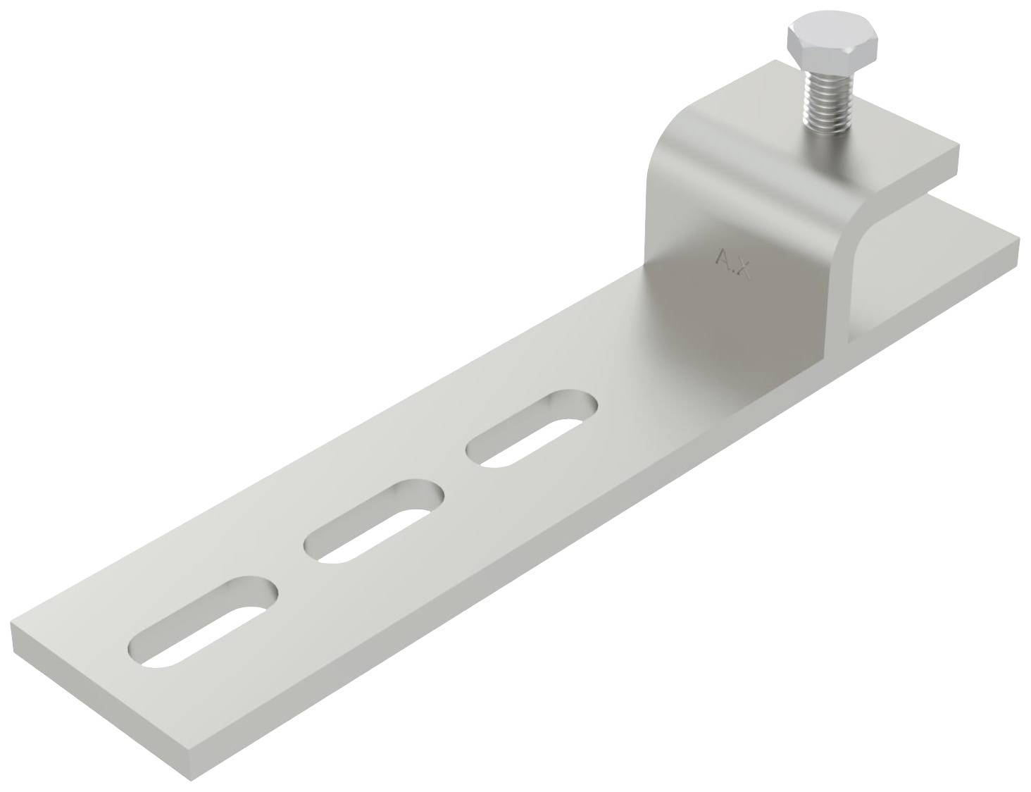 Metallhalterung mit verstellbarem Schlitz und Schraube, geeignet zur Befestigung von Konstruktionselementen.