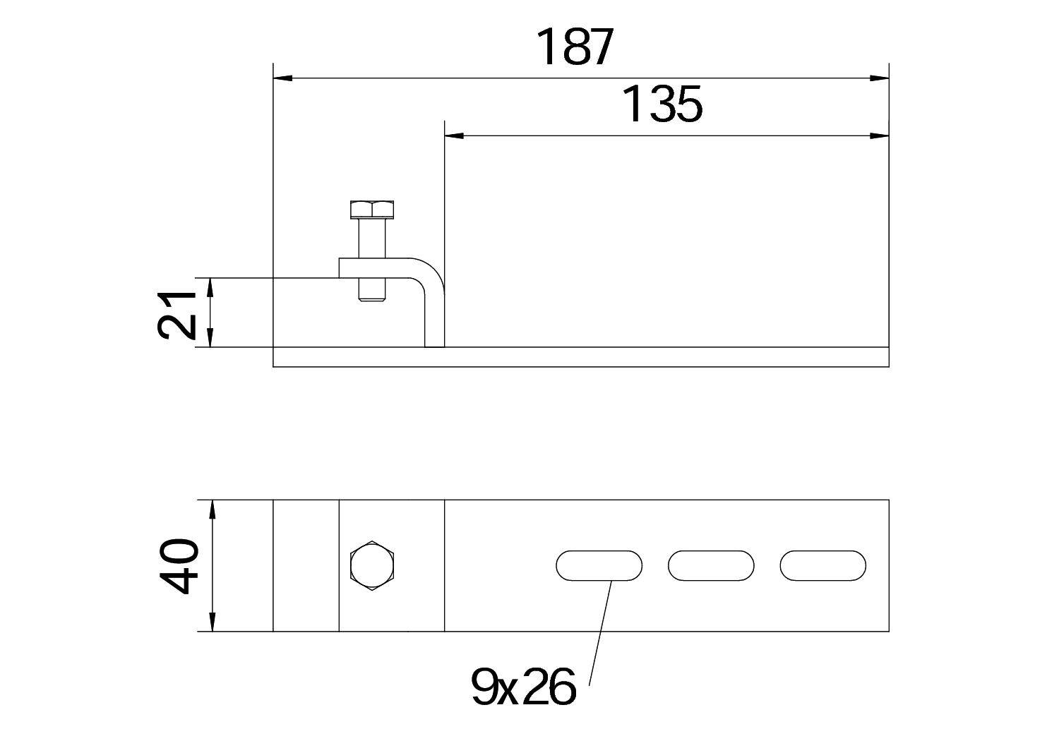 Technische Zeichnung eines Bauteils mit Maßen: 187mm Länge, 21mm Höhe, 40mm Breite. Enthält Löcher 9x26mm und eine Schraube.