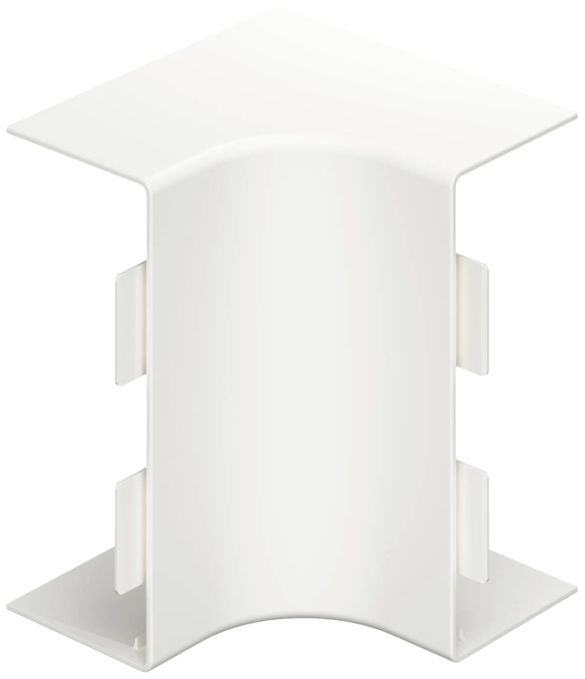 Weiße, runde Innenecke für Kabelkanalsysteme, zeigt seitliche Befestigungen und glatte Oberfläche. Geeignet für saubere Kabelverbindungen.