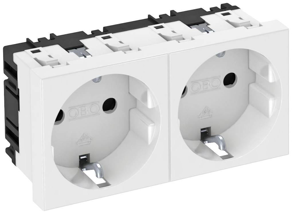 Doppelsteckdose in einer weißen Wandhalterung ohne angeschlossene Kabel. Geeignet für den Einbau in Innenräumen.