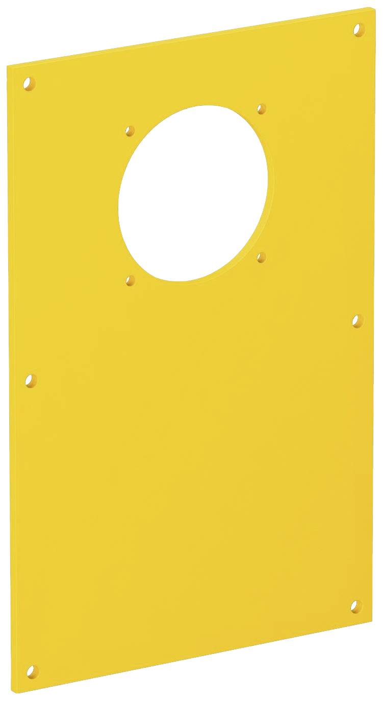 Gelbe, rechteckige Kunststoffplatte mit zentralem, ovalem Ausschnitt und vorgebohrten Löchern an den Ecken, möglicherweise für Montagezwecke.