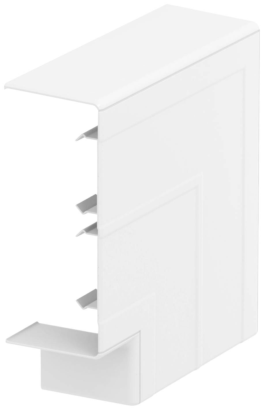 Ein weißes Kunststoffteil mit einer L-Form und mehreren inneren Rippen, möglicherweise ein Bauteil oder eine Abdeckung für Kabelkanäle.