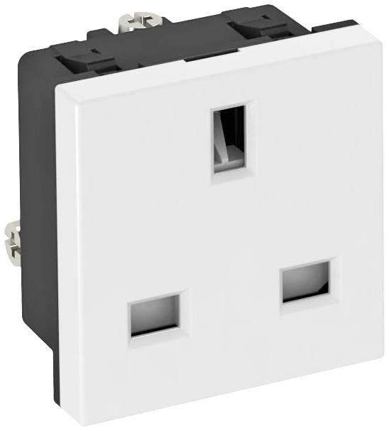 Weiße Steckdose mit drei rechteckigen Öffnungen, geeignet für UK-Stecker.
