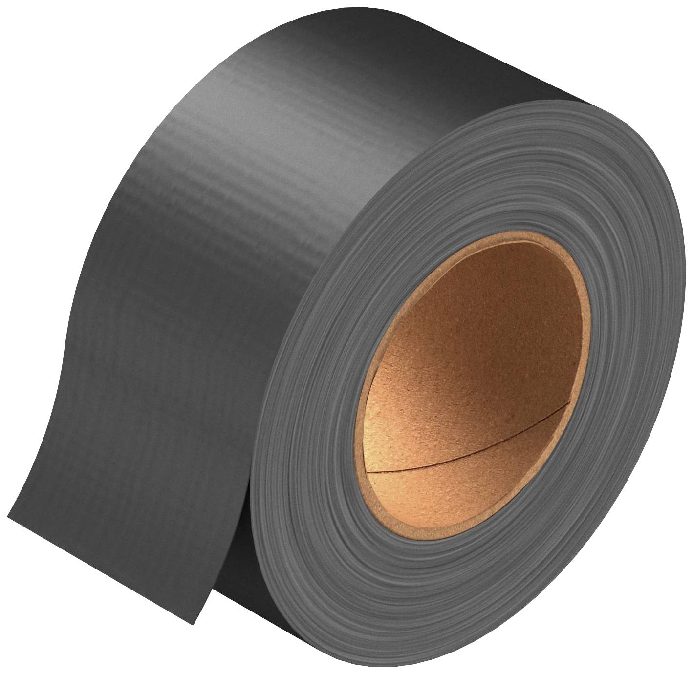 Schwarze Rolle Klebeband mit Pappkern, seitlich abgebildet.