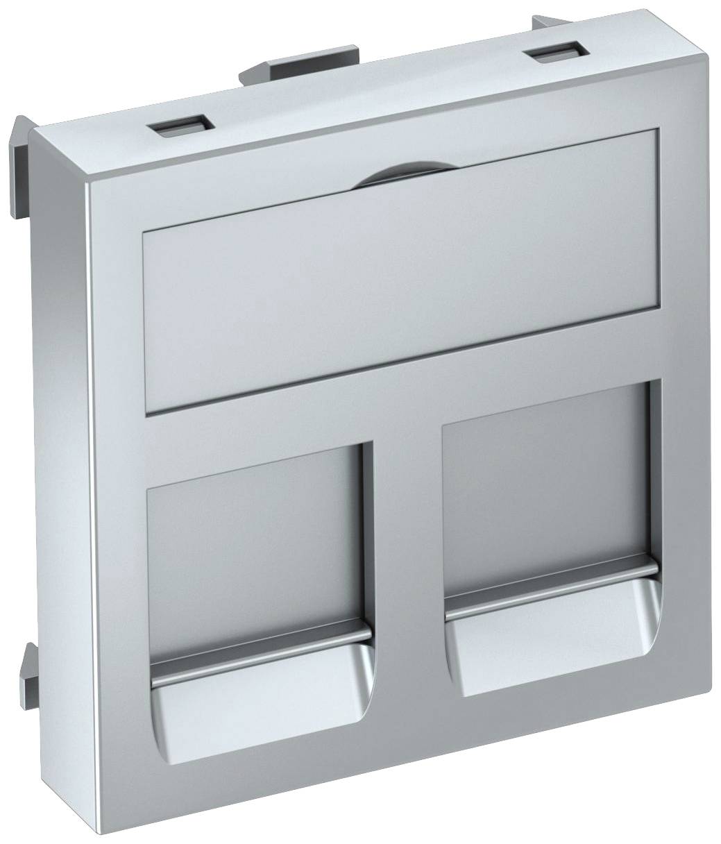 Metallschalteeinheit mit zwei Schaltern und rechteckigem, modernen Design. Geeignet für verschiedene elektrische Anwendungen.