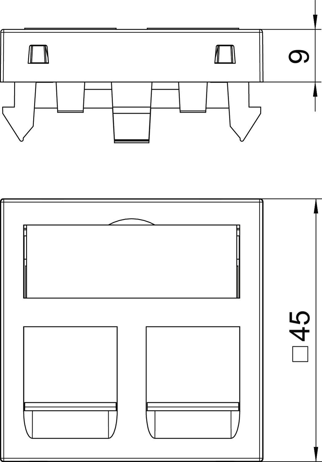 Technische Zeichnung eines rechteckigen Sockels mit zwei Eingängen. Maße: Höhe 45 mm, Breite oben 9 mm.