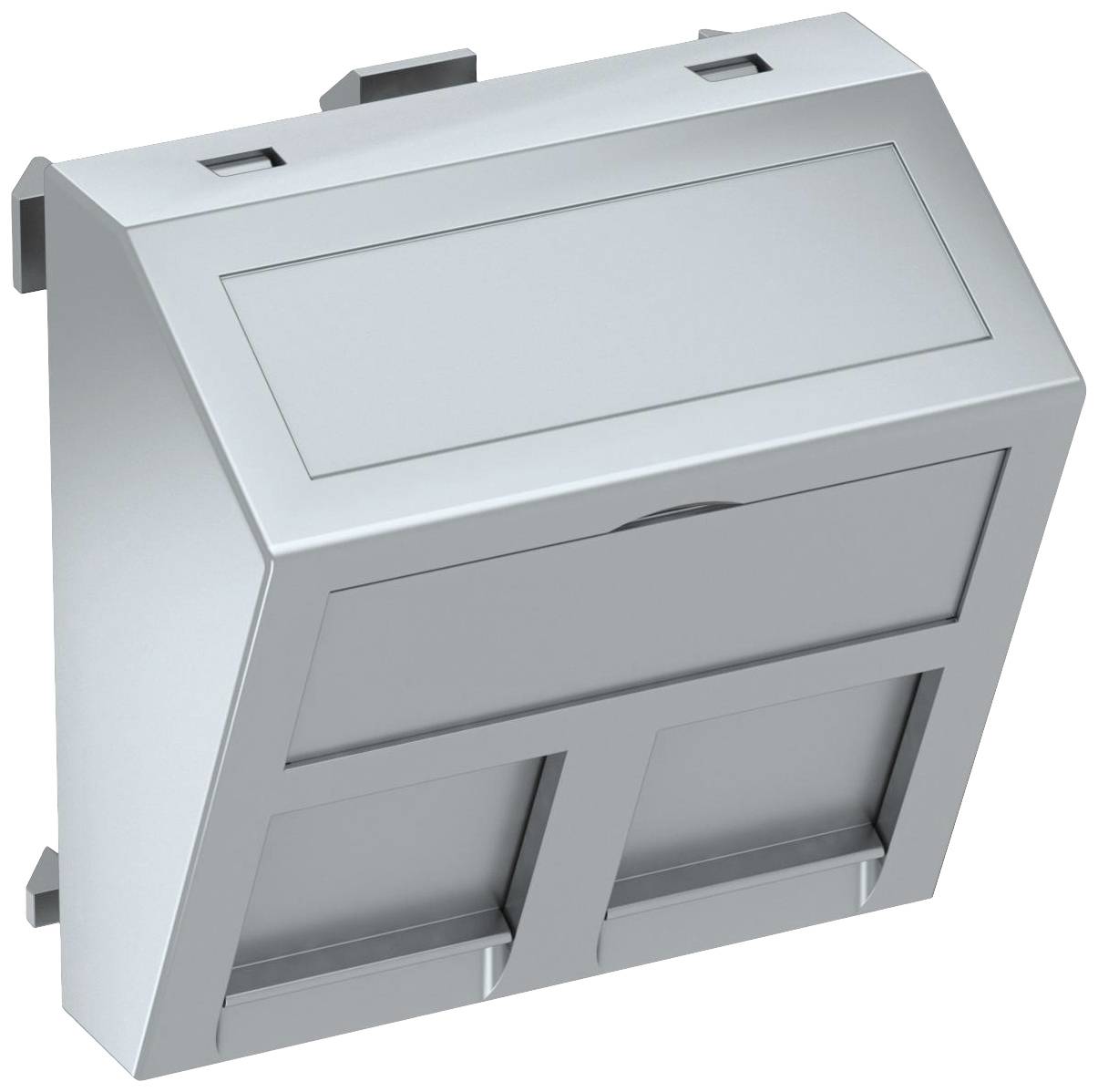 Silberner Wandbriefkasten mit zwei Zeitungsfächern unten. Schlichtes, modernes Design für den Außenbereich.