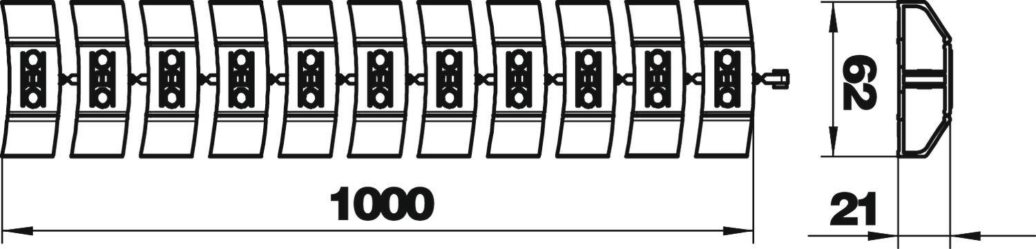 Technische Zeichnung einer spiralgeformten Bindeleiste, 1000 mm lang, 21 mm breit, mit einer Ringgröße von 3 mm.