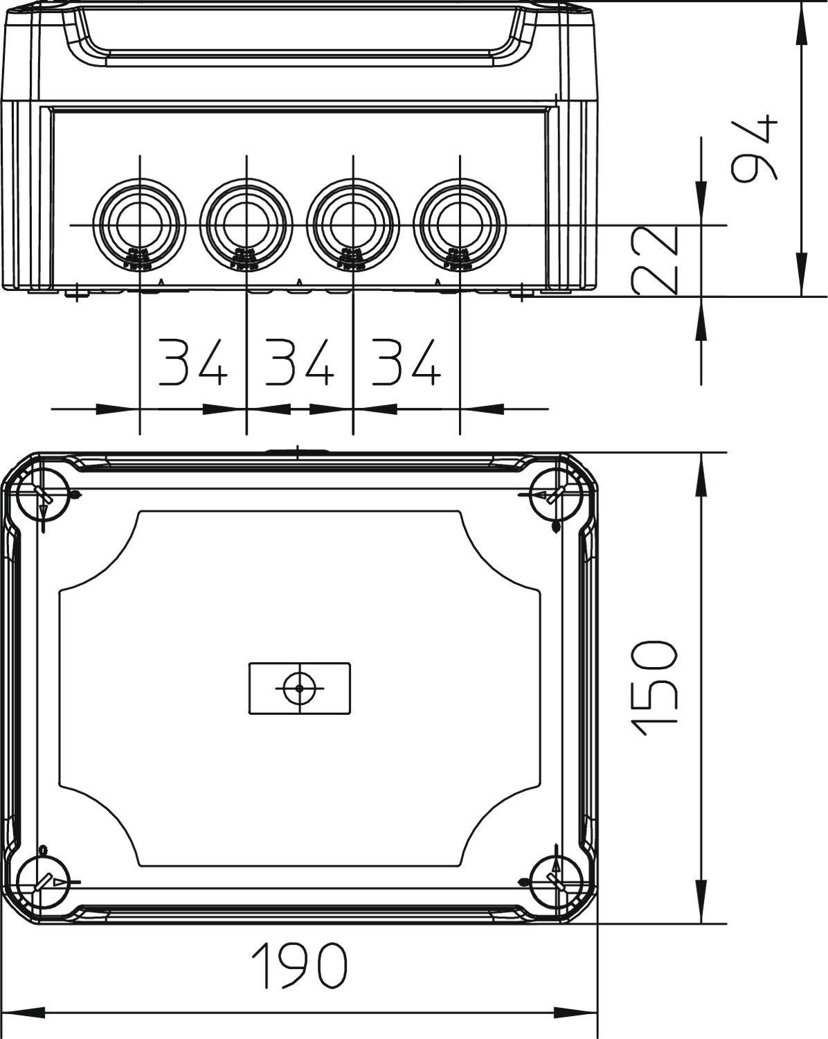 Technische Zeichnung eines rechteckigen Gehäuses mit Maßen: Höhe 94 mm, Breite 190 mm, Tiefe 150 mm. Vier runde Öffnungen an der Vorderseite.