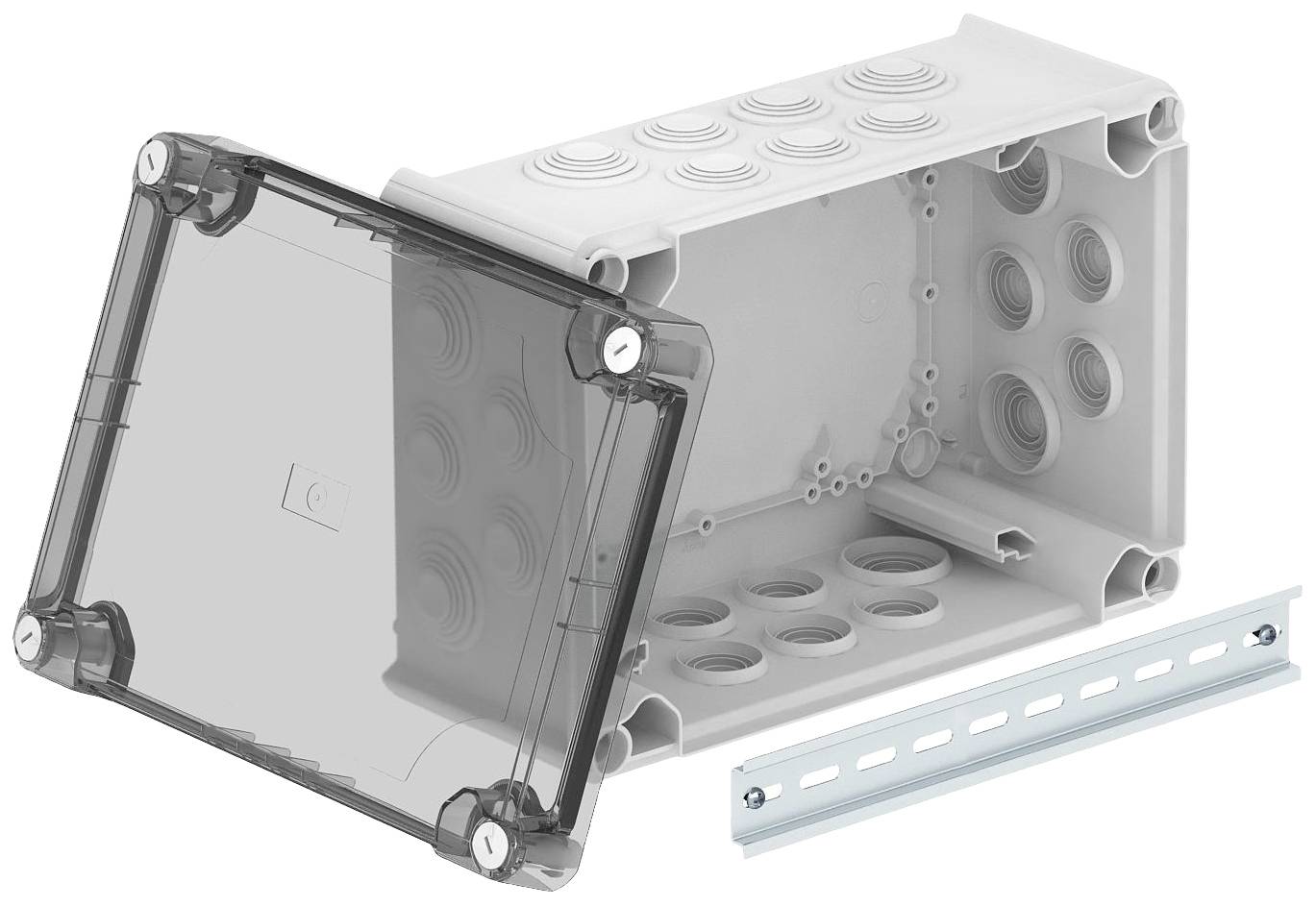 Gehäusekasten mit abgenommener durchsichtiger Abdeckung, zeigt Kabelöffnungen. Ein Montageschiene liegt daneben. Ideal für Elektroinstallationen.