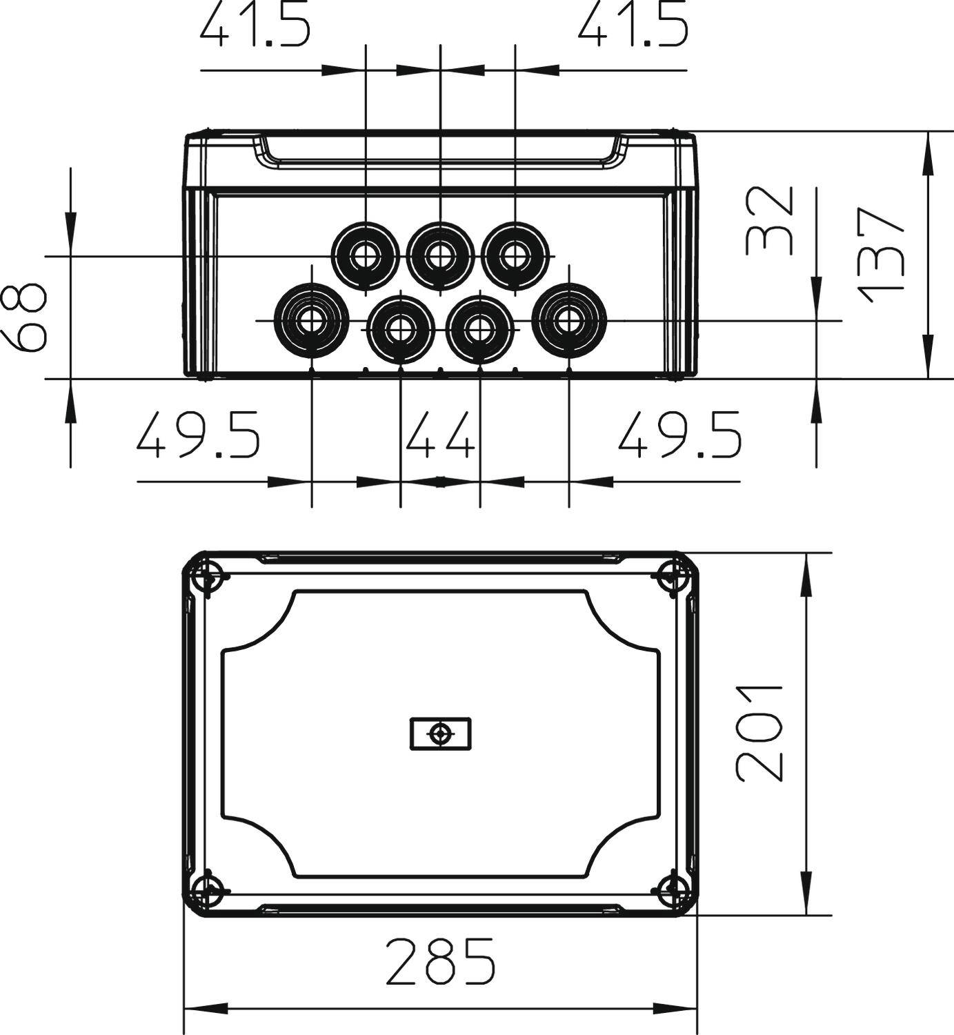 Technische Zeichnung eines rechteckigen Gehäuses mit Maßangaben in Millimetern. Oben mehrere runde Öffnungen; Seitenansicht zeigt Höhe und Breite.