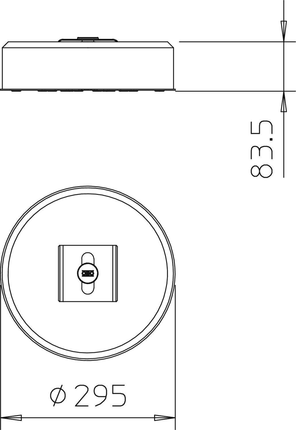 Technische Zeichnung eines runden Bauteils mit einem Durchmesser von 295 mm und einer Höhe von 83,5 mm, Seiten- und Draufsicht.