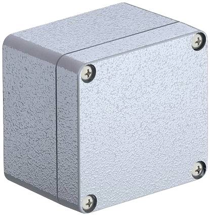 Graues quadratisches Metallgehäuse mit abgerundeten Kanten und vier Schrauben an den Ecken, geeignet für Elektroinstallationen.