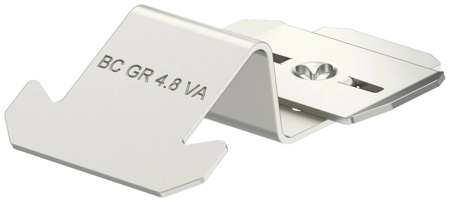 Metallklammer mit der Aufschrift 'BC GR 4.8 VA', gebogenes Design, används möglicherweise in der Befestigungstechnik.