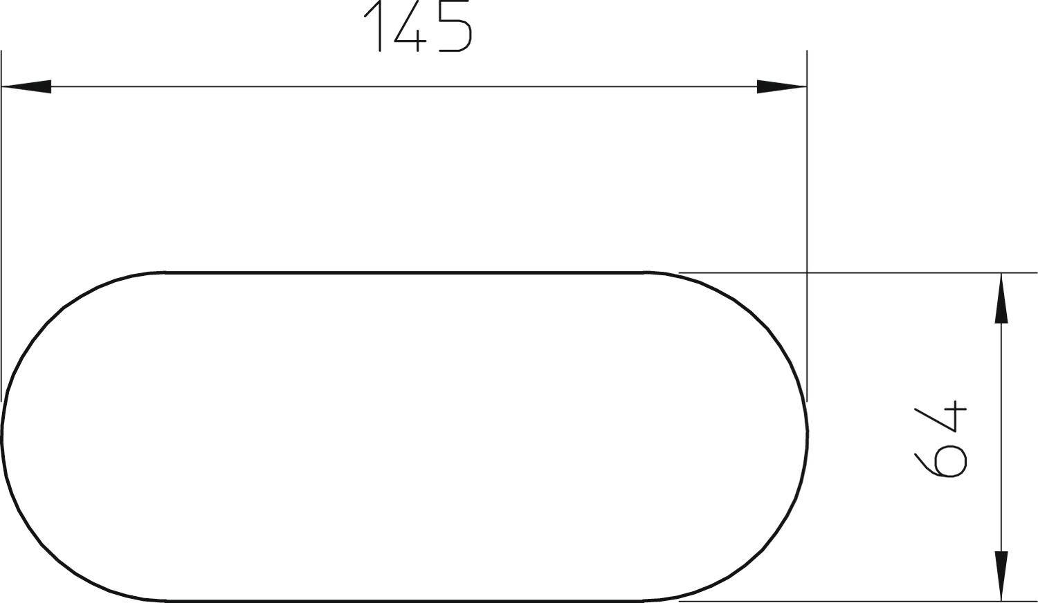 Ein längliches Oval mit einer horizontalen Länge von 145 Einheiten und einer vertikalen Höhe von 64 Einheiten, dargestellt mit Maßangaben.