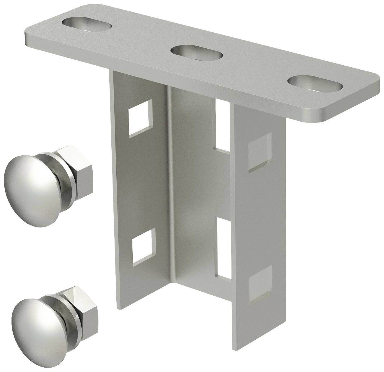 Metallwinkel mit Bohrlöchern und zwei Schrauben, vermutlich zum Befestigen von Metallkonstruktionen.