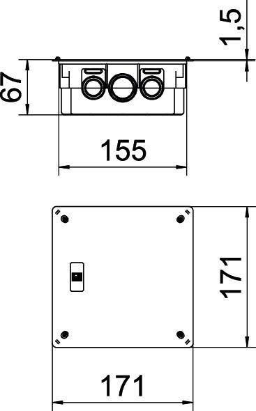 Technische Zeichnung eines rechteckigen Geräts mit Maßen: Breite 155 mm, Höhe 171 mm, Tiefe 67 mm. Enthält Schalter und Anschlüsse.