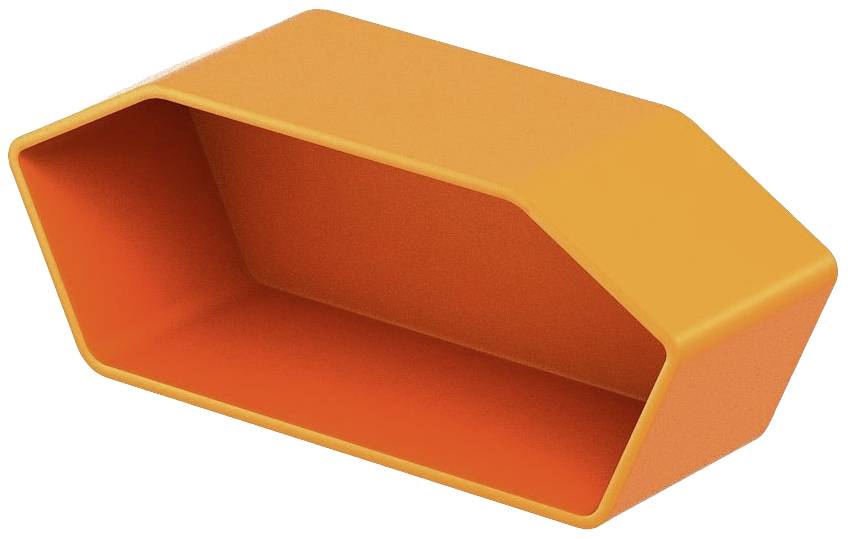 Orange, trapezförmiges Regal aus Kunststoff, das eine diagonale Rückwand hat und zum Aufbewahren oder Präsentieren von Gegenständen dient.