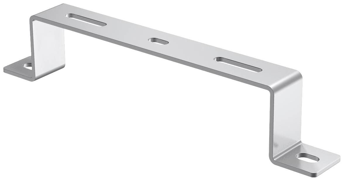 Ein silbernes Metallwinkelblech mit drei länglichen Löchern in der oberen Fläche. Es wird zur Montage oder Befestigung verwendet.